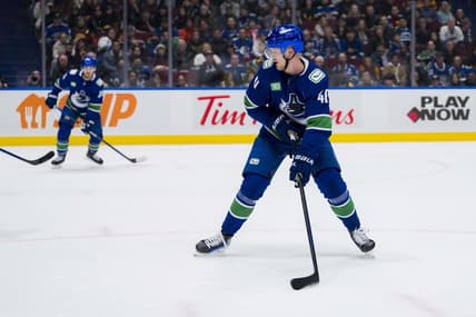 Jan 24, 2024; Vancouver, British Columbia, CAN; Vancouver Canucks forward Elias Pettersson (40) handles the puck against the St. Louis Blues in the third period at Rogers Arena. Blues 4-3 in overtime. Mandatory Credit: Bob Frid-USA TODAY Sports
