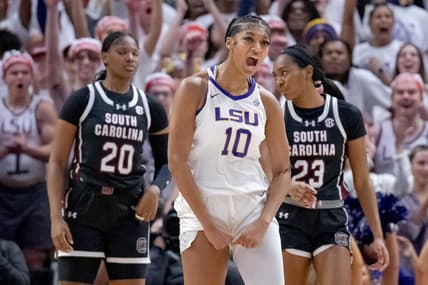 Jan 25, 2024; Baton Rouge, Louisiana, USA; LSU Tigers forward Angel Reese (10) reacts after a score against the South Carolina Gamecocks during the first half at Pete Maravich Assembly Center. Mandatory Credit: Matthew Hinton-USA TODAY Sports