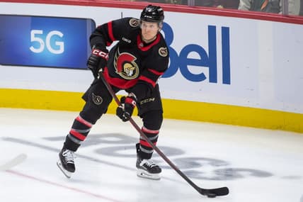 Jan 25, 2024; Ottawa, Ontario, CAN; Ottawa Senators defenseman Jakob Chychrun (6) shoots the puck in the third period against the Boston Bruins at the Canadian Tire Centre. Mandatory Credit: Marc DesRosiers-USA TODAY Sports