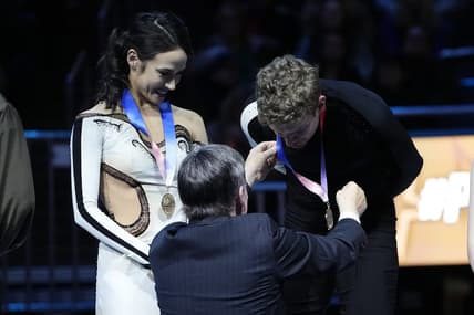 Jan 27, 2024; Columbus, Ohio, USA; Madison Chock and Evan Bates react after the championship free dance during the 2024 US Figure Skating Championships at Nationwide Arena. Mandatory Credit: Adam Cairns-USA TODAY Sports