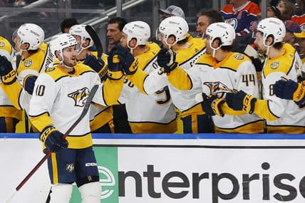 Jan 27, 2024; Edmonton, Alberta, CAN; The Nashville Predators celebrate a goal scored by forward Colton Sissons (10) during the third period against the Edmonton Oilers at Rogers Place. Mandatory Credit: Perry Nelson-USA TODAY Sports