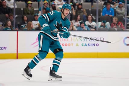 Jan 27, 2024; San Jose, California, USA; San Jose Sharks defenseman Shakir Mukhamadullin (85) skates against the Buffalo Sabres during the third period at SAP Center at San Jose. Mandatory Credit: Robert Edwards-USA TODAY Sports