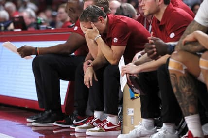 Jan 27, 2024; Fayetteville, Arkansas, USA; Arkansas Razorbacks head coach Eric Musselman during the second half against the Kentucky Wildcats at Bud Walton Arena. Kentucky won 63-57. Mandatory Credit: Nelson Chenault-USA TODAY Sports