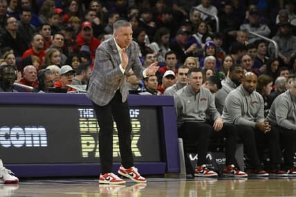 Jan 27, 2024; Evanston, Illinois, USA; Ohio State Buckeyes head coach Chris Holtmann leads the team against Northwestern Wildcats during the first half  at Welsh-Ryan Arena. Mandatory Credit: Matt Marton-USA TODAY Sports