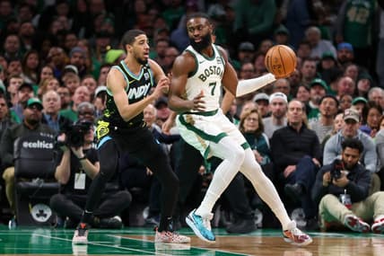 Jan 30, 2024; Boston, Massachusetts, USA; Boston Celtics forward Jaylen Brown (7) drives to the basket during the first half against the Indiana Pacers at TD Garden. Mandatory Credit: Paul Rutherford-USA TODAY Sports
