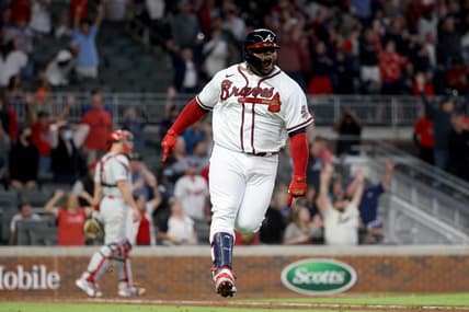 May 8, 2021; Atlanta, Georgia, USA; Atlanta Braves third baseman Pablo Sandoval (48) reacts after hitting a two run home run during the ninth inning against the Philadelphia Phillies at Truist Park. Mandatory Credit: Jason Getz-USA TODAY Sports