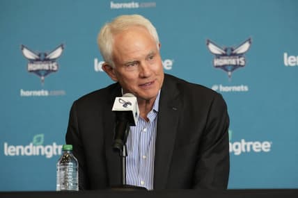 Jun 28, 2022; Charlotte, NC, USA; Charlotte Hornets general manager Mitch Kupchak answers media questions after announcing that Steve Clifford would return to coach the team at the Spectrum Center in Charlotte, NC.  Mandatory Credit: Jim Dedmon-USA TODAY Sports