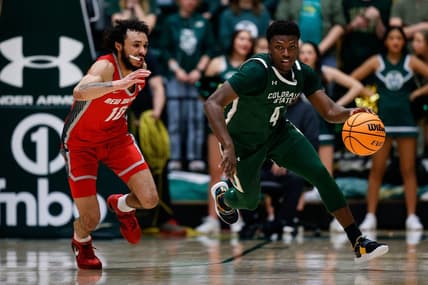 Mar 3, 2023; Fort Collins, Colorado, USA; Colorado State Rams guard Isaiah Stevens (4) dribbles the ball up court against New Mexico Lobos guard Jaelen House (10) in the second half at Moby Arena. Mandatory Credit: Isaiah J. Downing-USA TODAY Sports