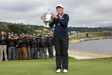 Jul 9, 2023; Pebble Beach, California, USA; Allisen Corpuz celebrates with the Harton S. Semple Trophy after winning the U.S. Women's Open golf tournament at Pebble Beach Golf Link. Mandatory Credit: Kiyoshi Mio-USA TODAY Sports