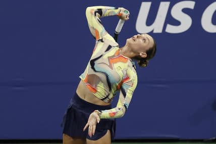 Aug 29, 2023; Flushing, NY, USA; Ana Bogdan of Romania serves against Sofia Kenin of the Unites States (not pictured) on day two of the 2023 U.S. Open tennis tournament at USTA Billie Jean King National Tennis Center. Mandatory Credit: Geoff Burke-USA TODAY Sports