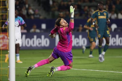 Sep 20, 2023; Carson, California, USA;  Los Angeles Galaxy goalkeeper Jonathan Bond (1) misses a save during the first half against Minnesota United FC at Dignity Health Sports Park. Mandatory Credit: Kiyoshi Mio-USA TODAY Sports