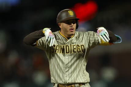 Sep 25, 2023; San Francisco, California, USA;  San Diego Padres third baseman Manny Machado (13) celebrates after a single during the ninth inning against the San Francisco Giants at Oracle Park. Mandatory Credit: Sergio Estrada-USA TODAY Sports