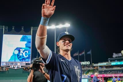 Sep 29, 2023; Kansas City, Missouri, USA;  Kansas City Royals shortstop Bobby Witt Jr. (7) waves to the crowd after the win over the New York Yankees at Kauffman Stadium. Witt became the first Royals player in history to hit 30 home runs and have 30 stolen bases. Mandatory Credit: Denny Medley-USA TODAY Sports