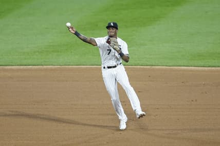 Sep 30, 2023; Chicago, Illinois, USA; Chicago White Sox shortstop Tim Anderson (7) throws to first base for San Diego Padres out during the sixth inning at Guaranteed Rate Field. Mandatory Credit: Kamil Krzaczynski-USA TODAY Sports