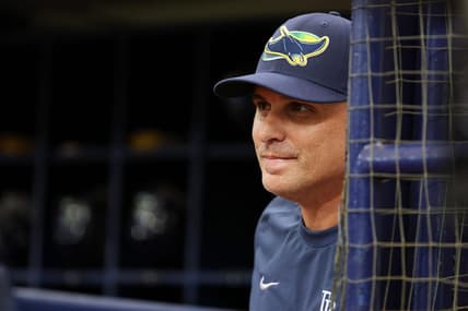 Oct 3, 2023; St. Petersburg, Florida, USA; Tampa Bay Rays manager Kevin Cash (16) looks on against the Texas Rangers in the first inning during game one of the Wildcard series for the 2023 MLB playoffs at Tropicana Field. Mandatory Credit: Kim Klement Neitzel-USA TODAY Sports