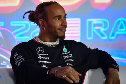 Nov 15, 2023; Las Vegas, Nevada, USA; Mercedes AMG Petronas driver Lewis Hamilton of Great Britain during media availabilities at Las Vegas Strip Circuit. Mandatory Credit: Gary A. Vasquez-USA TODAY Sports
