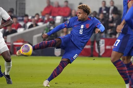 Nov 16, 2023; Austin, Texas, USA; U.S. Men's National team midfielder Weston McKennie (8) shoots on goal during the first half against Trinidad and Tobago in the Concacaf Quarterfinal at Q2 Stadium. Mandatory Credit: Scott Wachter-USA TODAY Sports