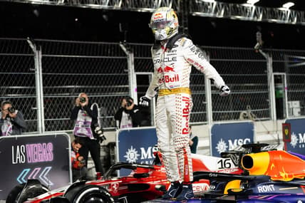 Nov 18, 2023; Las Vegas, Nevada, USA; Red Bull Racing Honda driver Max Verstappen of Netherlands (1) celebrates after winning the Formula 1 Heineken Silver Las Vegas Grand Prix at the Las Vegas Strip Circuit. Mandatory Credit: Lucas Peltier-USA TODAY Sports