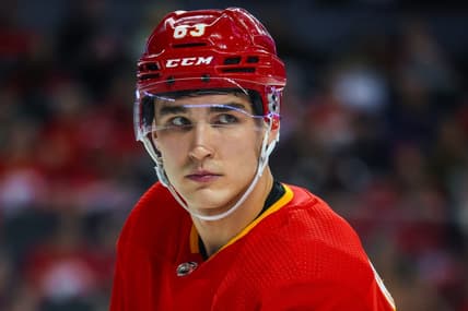 Nov 27, 2023; Calgary, Alberta, CAN; Calgary Flames center Adam Ruzicka (63) during the face off against the Vegas Golden Knights during the second period at Scotiabank Saddledome. Mandatory Credit: Sergei Belski-USA TODAY Sports