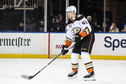Dec 15, 2023; New York, New York, USA;  Anaheim Ducks defenseman Ilya Lyubushkin (46) at Madison Square Garden. Mandatory Credit: Wendell Cruz-USA TODAY Sports