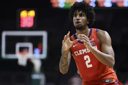 Jan 3, 2024; Coral Gables, Florida, USA; Clemson Tigers guard Dillon Hunter (2) looks on against the Miami Hurricanes during the second half at Watsco Center. Mandatory Credit: Sam Navarro-USA TODAY Sports