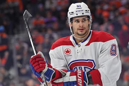 Jan 10, 2024; Philadelphia, Pennsylvania, USA; Montreal Canadiens center Sean Monahan (91) against the Philadelphia Flyers at Wells Fargo Center. Mandatory Credit: Eric Hartline-USA TODAY Sports