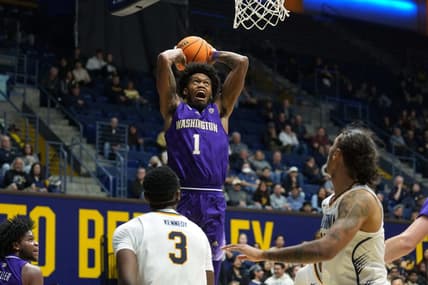 Jan 18, 2024; Berkeley, California, USA; Washington Huskies forward Keion Brooks Jr. (1) dunks against the California Golden Bears during the first half at Haas Pavilion. Mandatory Credit: Darren Yamashita-USA TODAY Sports