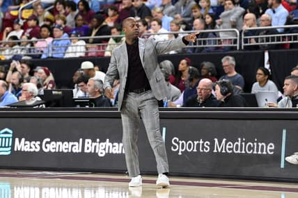 Jan 20, 2024; Chestnut Hill, Massachusetts, USA; Boston College Eagles head coach Earl Grant signals during the first half against the North Carolina Tar Heels at Conte Forum. Mandatory Credit: Eric Canha-USA TODAY Sports