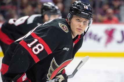 Jan 20, 2024; Ottawa, Ontario, CAN; Ottawa Senators center Tim Stutzle (18) lines up for a faceoff in the second period against the Winnipeg Jets at the Canadian Tire Centre. Mandatory Credit: Marc DesRosiers-USA TODAY Sports