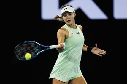 Jan 24, 2024; Melbourne, Victoria, Australia;  Anna Kalinskaya of Russia in action during her match against Qinwen Zheng of China in the quarter final of the women   s singles at the Australian Open.Mandatory Credit: Mike Frey-USA TODAY Sports