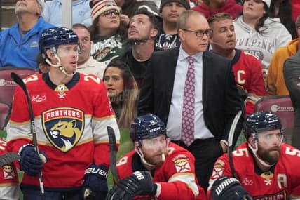 Jan 24, 2024; Sunrise, Florida, USA; Florida Panthers head coach Paul Maurice was recognized for coaching the second most games in NHL history during the first period at Amerant Bank Arena against the Arizona Coyotes. Mandatory Credit: Jim Rassol-USA TODAY Sports