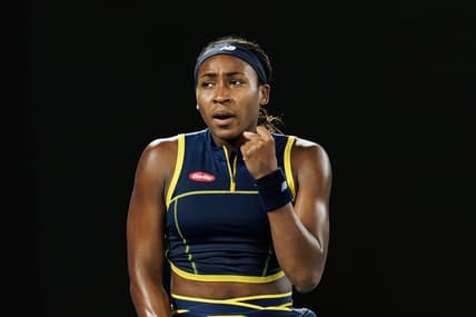 Jan 25, 2024; Melbourne, Victoria, Australia; Coco Gauff of the United States celebrates against Aryna Sabalenka of Belarus in the semi-final of the women s singles at the Australian Open. Mandatory Credit: Mike Frey-USA TODAY Sports