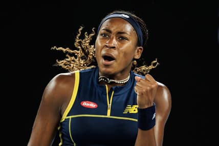 Jan 25, 2024; Melbourne, Victoria, Australia; Coco Gauff of the United States celebrates against Aryna Sabalenka of Belarus in the semi-final of the women s singles at the Australian Open. Mandatory Credit: Mike Frey-USA TODAY Sports