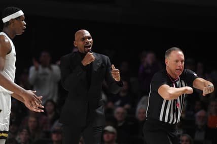 Jan 27, 2024; Nashville, Tennessee, USA; Vanderbilt Commodores head coach Jerry Stackhouse reacts after a Tennessee Volunteers turnover during the first half at Memorial Gymnasium. Mandatory Credit: Christopher Hanewinckel-USA TODAY Sports
