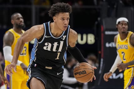 Jan 30, 2024; Atlanta, Georgia, USA; Atlanta Hawks forward Jalen Johnson (1) runs to the basket after stealing the ball against the Los Angeles Lakers during the second half at State Farm Arena. Mandatory Credit: Dale Zanine-USA TODAY Sports