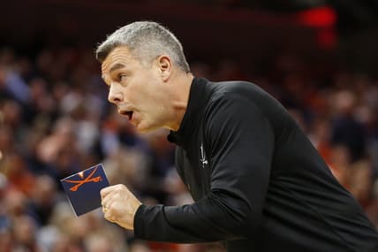 Jan 31, 2024; Charlottesville, Virginia, USA; Virginia Cavaliers head coach Tony Bennett questions a call against the Notre Dame Fighting Irish during the first half at John Paul Jones Arena. Mandatory Credit: Amber Searls-USA TODAY Sports