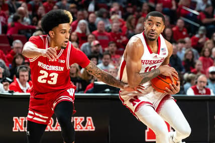 Feb 1, 2024; Lincoln, Nebraska, USA; Nebraska Cornhuskers guard Jamarques Lawrence (10) drives against Wisconsin Badgers guard Chucky Hepburn (23) during the first half at Pinnacle Bank Arena. Mandatory Credit: Dylan Widger-USA TODAY Sports