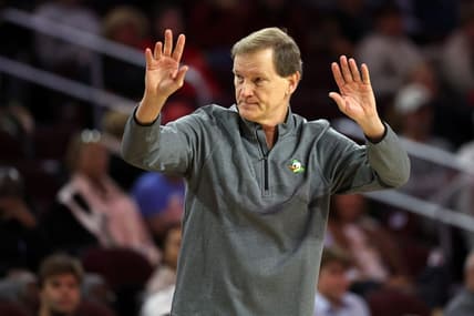 Feb 1, 2024; Los Angeles, California, USA; Oregon Ducks head coach Dana Altman reacts a play during the first half against the USC Trojans at Galen Center. Mandatory Credit: Kiyoshi Mio-USA TODAY Sports