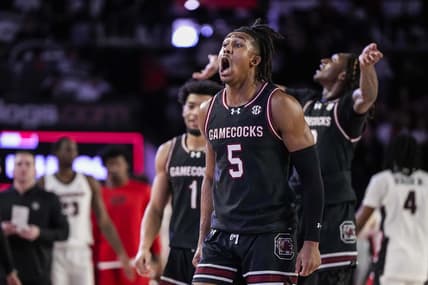 Feb 3, 2024; Athens, Georgia, USA; South Carolina Gamecocks guard Meechie Johnson (5) reacts after defeating the Georgia Bulldogs at Stegeman Coliseum. Mandatory Credit: Dale Zanine-USA TODAY Sports