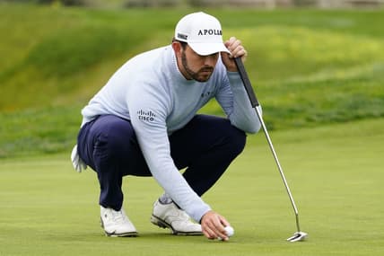 Feb 3, 2024; Pebble Beach, California, USA; Patrick Cantlay lines up his putt on the fifth hole during the third round of the AT&T Pebble Beach Pro-Am golf tournament at Pebble Beach Golf Links. Mandatory Credit: Michael Madrid-USA TODAY Sports