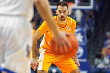 Feb 3, 2024; Lexington, Kentucky, USA; Tennessee Volunteers guard Santiago Vescovi (25) defends during the first half against the Kentucky Wildcats at Rupp Arena at Central Bank Center. Mandatory Credit: Jordan Prather-USA TODAY Sports