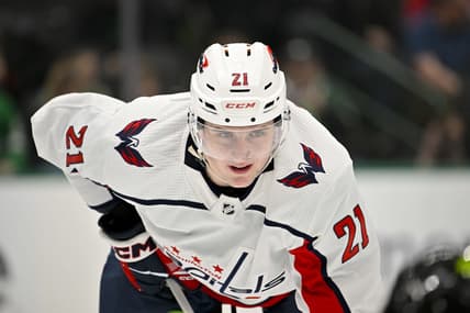Jan 27, 2024; Dallas, Texas, USA; Washington Capitals center Aliaksei Protas (21) during the game between the Dallas Stars and the Washington Capitals at the American Airlines Center. Mandatory Credit: Jerome Miron-USA TODAY Sports