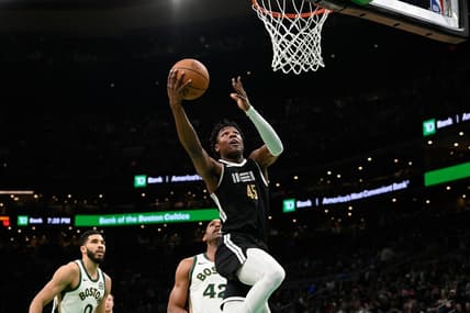 Feb 4, 2024; Boston, Massachusetts, USA; Memphis Grizzlies forward GG Jackson (45) shoots the ball against the Boston Celtics during the second half at TD Garden. Mandatory Credit: Eric Canha-USA TODAY Sports