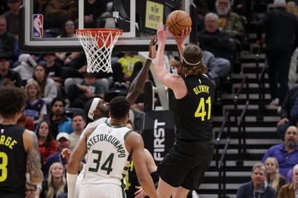 Feb 4, 2024; Salt Lake City, Utah, USA;  Utah Jazz forward Kelly Olynyk (41) shoots the ball during the second half against the Milwaukee Bucks at Delta Center. Mandatory Credit: Chris Nicoll-USA TODAY Sports