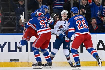 Feb 5, 2024; New York, New York, USA;  New York Rangers left wing Artemi Panarin (10) celebrates his game tying goal with New York Rangers center Mika Zibanejad (93) against the Colorado Avalanche during the third period at Madison Square Garden. Mandatory Credit: Dennis Schneidler-USA TODAY Sports