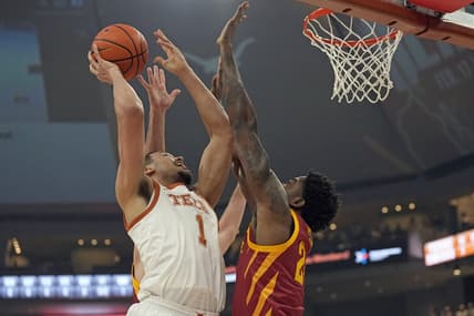 Feb 6, 2024; Austin, Texas, USA; Texas Longhorns forward Dylan Disu (1) shoots over Iowa State Cyclones forward Hason Ward (24) during the first half at Moody Center. Mandatory Credit: Scott Wachter-USA TODAY Sports