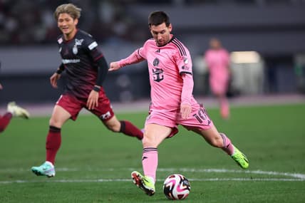 Feb 7, 2024; Tokyo, Japan; Inter Miami CF forward Lionel Messi (10) shoots against Vissel Kobe during the second half of a preseason friendly at Japan National Stadium. Mandatory Credit: Naoki Nishimura-USA TODAY Sports