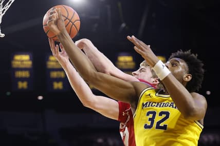 Feb 7, 2024; Ann Arbor, Michigan, USA; Wisconsin Badgers forward Steven Crowl (22) and Michigan Wolverines forward Tarris Reed Jr. (32) go for the rebound in the first half at Crisler Center. Mandatory Credit: Rick Osentoski-USA TODAY Sports