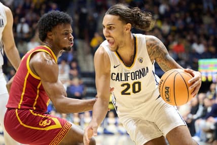 Feb 7, 2024; Berkeley, California, USA; California Golden Bears guard Jaylon Tyson (20) dribbles the ball against USC Trojans guard Bronny James (6) during the first half at Haas Pavilion. Mandatory Credit: Robert Edwards-USA TODAY Sports