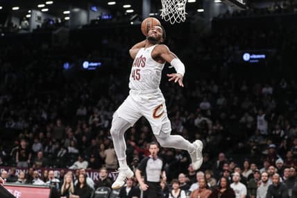 Feb 8, 2024; Brooklyn, New York, USA; Cleveland Cavaliers guard Donovan Mitchell (45) goes up for a dunk in the first quarter against the Brooklyn Nets at Barclays Center. Mandatory Credit: Wendell Cruz-USA TODAY Sports